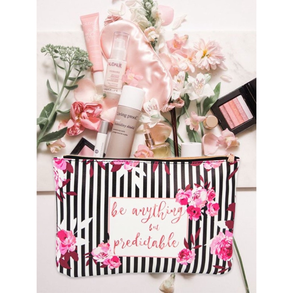 Be Anything But Predictable Multicolor Floral Striped Travel Makeup Cosmetic Bag